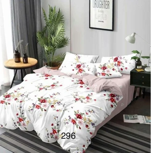 Lenjerie de pat 6 piese alba cu flori roz